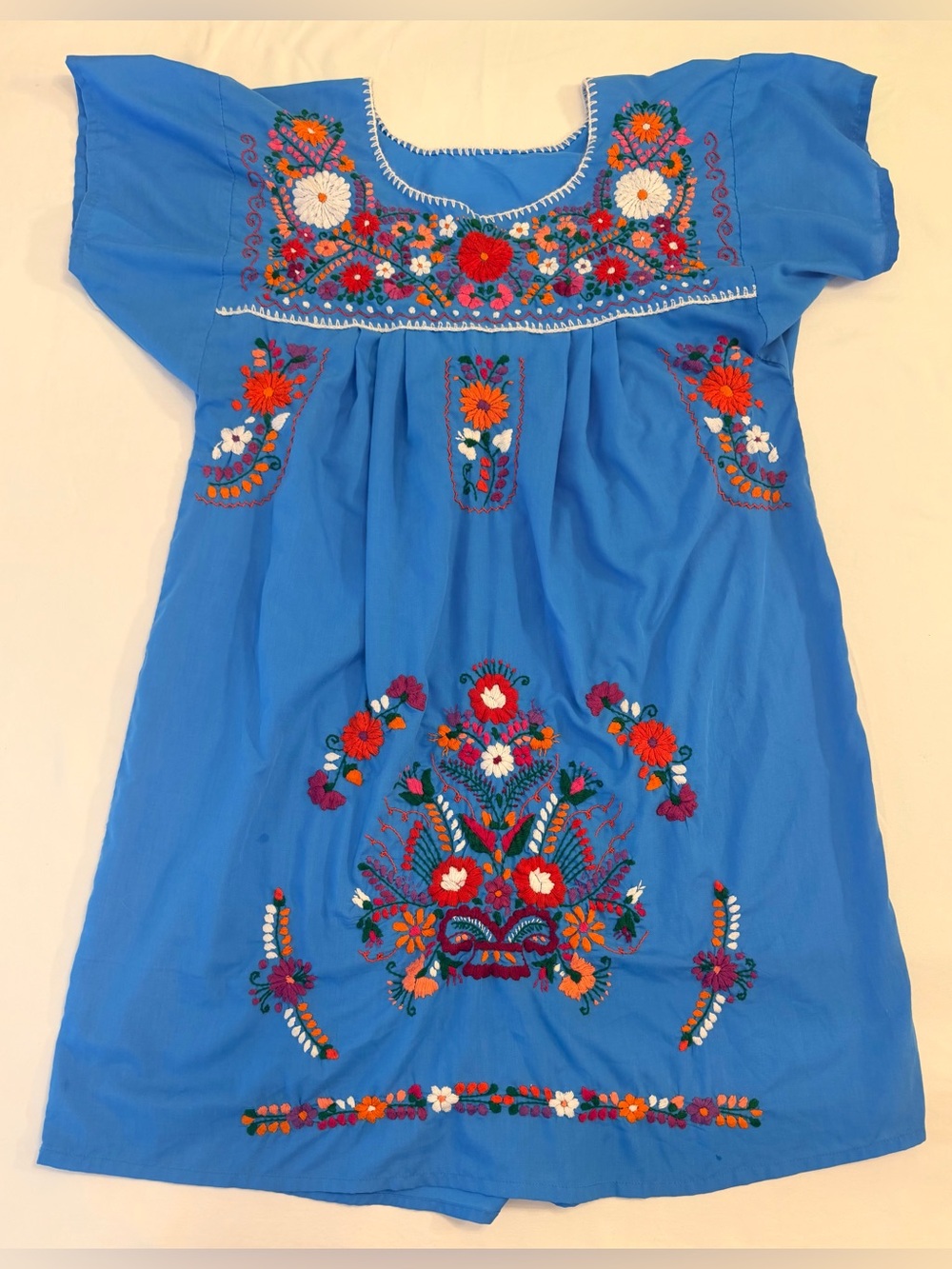 Traditional Mexican Embroidered Floral Dress in Blue & Multicolor Flowers L/XL